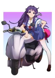 Rule 34 | 1girl, :3, absurdres, arm support, blue skirt, brown footwear, chinese commentary, clannad, closed mouth, commentary request, fujibayashi kyou, full body, hair between eyes, hair intakes, hair over shoulder, hair ribbon, hand on own ass, helmet, high-waist skirt, highres, holding, holding helmet, leaning forward, loafers, long hair, looking at viewer, mogege gk, motor vehicle, motorcycle, purple eyes, purple hair, red ribbon, ribbon, sailor collar, school uniform, serafuku, shirt, shoes, short sleeves, sidelocks, simple background, skirt, smile, solo, standing, standing on one leg, suspender skirt, suspenders, thighhighs, very long hair, white background, white ribbon, white sailor collar, white shirt, white thighhighs, zettai ryouiki