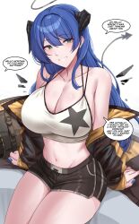 Rule 34 | 1girl, absurdres, arknights, arm support, bare shoulders, black shorts, blue eyes, blue hair, blue nails, breasts, camisole, cleavage, commentary, crop top, demon horns, demon tail, english text, grin, halo, highres, horns, kanta (kanta 077), large breasts, long hair, looking at viewer, midriff, mostima (arknights), nail polish, navel, off shoulder, official alternate costume, short shorts, shorts, sitting, smile, solo, spaghetti strap, speech bubble, star (symbol), star print, stomach, tail, thighs, very long hair, white background