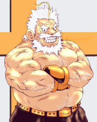 Rule 34 | 1boy, antenna hair, bara, beard, belly, belt, character request, cowboy shot, crossed arms, facial hair, fat, fat man, full beard, hairy, highres, live a hero, long mustache, looking at viewer, male focus, mature male, muscular, muscular male, mustache, old, old man, pants, pectoral lift, short hair, sideburns stubble, solo, sparse chest hair, standing, stubble, tatsumonji yukara, thick arm hair, thick beard, thick eyebrows, thick mustache, topless male, white hair, wrinkled skin