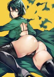 Rule 34 | 1girl, ass, black panties, boots, breasts, dress, from behind, fubuki (one-punch man), green dress, green eyes, highres, large breasts, long hair, looking at viewer, looking back, one-punch man, panties, shiny skin, simple background, solo, thigh boots, thighhighs, torn clothes, torn dress, underwear, yellow background, yoshio (55level)