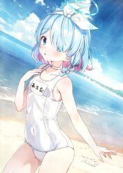 Rule 34 | 1girl, arona (blue archive), bare arms, bare shoulders, beach, blue archive, blue eyes, blue hair, blue halo, blue sky, blush, bow hairband, breasts, chisamikan, choker, cloud, colored inner hair, commentary request, cowboy shot, dated, day, expressionless, hair over one eye, hairband, halo, highres, horizon, looking at viewer, multicolored hair, name tag, ocean, old school swimsuit, one-piece swimsuit, outdoors, parted lips, pink hair, school swimsuit, short hair, sideways glance, signature, sky, small breasts, solo, swimsuit, tareme, two-tone hair, water, white choker, white hairband, white one-piece swimsuit