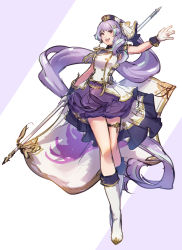 Rule 34 | 1girl, :d, absurdly long hair, banner, boots, floating hair, full body, gloves, highres, holding, jacket, knee boots, layered skirt, long hair, macross, macross delta, mikumo guynemer, miniskirt, open mouth, outstretched arm, purple hair, purple skirt, red eyes, shimatani azu, sketch, skirt, sleeveless, sleeveless jacket, smile, solo, thigh strap, very long hair, white footwear, white gloves, white jacket