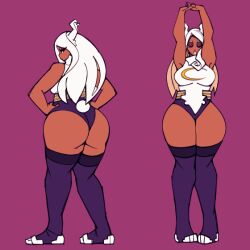 Rule 34 | 1girl, animated, animated gif, ass, bare shoulders, boku no hero academia, bouncing breasts, breasts, cdlum, curvy, dark-skinned female, dark skin, exercising, flexing, huge ass, large breasts, leotard, long hair, looking at viewer, mirko, purple background, rabbit ears, rabbit tail, sleeveless, smile, solo, squatting, stretching, thighhighs, white hair, white leotard, wide hips