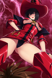 Rule 34 | 1girl, black gloves, black hair, black panties, boots, breasts, brown hair, cameltoe, cleft of venus, commentary, dress, english commentary, fingerless gloves, from below, gloves, gluteal fold, groin, guilty gear, half-closed eyes, hand on own hip, hand on own thigh, hat, i-no, large breasts, lightning, lindaroze, looking at viewer, looking down, mole, no bra, o-ring, panties, parted lips, patreon username, red dress, red footwear, red headwear, red lips, red sky, short hair, sky, solo focus, spread legs, standing, sweatdrop, thigh boots, thighhighs, thighs, twitter username, underboob, underwear, watermark, web address, witch hat