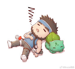 Rule 34 | 1boy, = =, affectionate, arm tattoo, artist request, bara, bare arms, beard, black hair, blue headband, blue shirt, brucie (infighter821), bulbasaur, check artist, chibi, creatures (company), cross, cross necklace, deformed, drooling, dungeon and fighter, facial hair, from above, full beard, game freak, gen 1 pokemon, happy, headband, jewelry, kulolin, male focus, male priest (dungeon and fighter), mouth drool, muscular, muscular male, necklace, nintendo, pokemon, second-party source, shirt, sleeping, sleeveless, sleeveless shirt, tail, tattoo, thick eyebrows, tiger tail, zzz