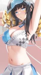 Rule 34 | 1girl, absurdres, armpits, arms up, black hair, blue archive, blue eyes, blush, breasts, cheerleader, cleavage, facial mark, hibiki (blue archive), hibiki (cheer squad) (blue archive), highres, holding, holding pom poms, large breasts, looking at viewer, medium hair, millennium cheerleader outfit (blue archive), navel, outdoors, parted lips, pleated skirt, pom pom (cheerleading), pom poms, skai kun, skirt, star (symbol), star facial mark, stomach, two-tone skirt