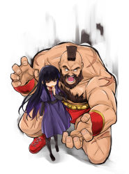 Rule 34 | 10s, 1boy, 1girl, beard, black footwear, black hair, blunt bangs, boots, brown hair, candy, chest hair, child, facial hair, food, high score girl, highres, lollipop, long hair, looking at viewer, mohawk, muscular, neck ribbon, oono akira, open mouth, pantyhose, purple hair, red footwear, ribbon, scar, shoes, size difference, street fighter, yamaguchi satoshi, zangief