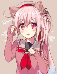 Rule 34 | 1girl, animal ears, beret, cat ears, gradient hair, hair ornament, harusame (kancolle), hat, highres, kantai collection, long hair, looking at viewer, multicolored hair, neckerchief, paw print, pink background, pink hair, pink sweater, red neckerchief, ringo sui, sailor collar, side ponytail, simple background, sleeves past wrists, solo, sweater, upper body, white hat, white sailor collar