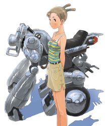 Rule 34 | 1girl, arms behind back, beige skirt, belt, black belt, breasts, brown hair, collarbone, highres, jewelry, kasahara tetsurou, looking to the side, mecha, necklace, official art, rideback, robot, science fiction, shadow, small breasts, solo focus, tank top, twintails, umemura shouko