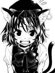 Rule 34 | 1girl, animal ear fluff, animal ears, blush, bow, bowtie, breasts, cat ears, cat tail, chen, earrings, flying sweatdrops, furrowed brow, greyscale, hair between eyes, hanokami, hat, highres, jewelry, juliet sleeves, long sleeves, looking at viewer, medium breasts, medium hair, mob cap, monochrome, multiple tails, nekomata, open mouth, puffy sleeves, simple background, single earring, solo, tail, teeth, touhou, two tails, upper body, white background