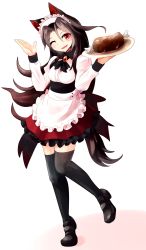 Rule 34 | 1girl, alternate costume, animal ears, apron, black thighhighs, boned meat, brooch, brown hair, dress, enmaided, food, highres, imaizumi kagerou, jewelry, juliet sleeves, long sleeves, looking at viewer, maid, maid apron, maid headdress, meat, miniskirt, nama shirasu, one eye closed, puffy sleeves, red eyes, skirt, solo, tail, thighhighs, touhou, underbust, waist apron, wolf ears, wolf tail, zettai ryouiki
