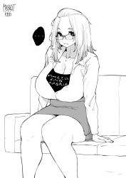 Rule 34 | ..., 1girl, absurdres, arm support, band shirt, bangs pinned back, breasts, cleavage, collared shirt, couch, curvy, dress shirt, facing viewer, feet out of frame, folded hair, glasses, greyscale, hair pulled back, highres, inne sulistya robin, large breasts, long hair, looking at viewer, merchandise, miniskirt, monochrome, norman maggot, original, shirt, shirt tucked in, sitting, skirt, speech bubble, spoken ellipsis, thick thighs, thighs, white shirt