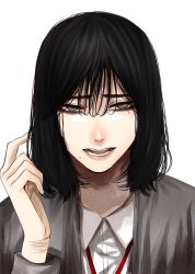 Rule 34 | 1girl, :d, bags under eyes, black hair, collared shirt, grey eyes, grey jacket, hand up, highres, hoshi san 3, jacket, lanyard, long sleeves, looking at viewer, medium hair, mole, mole under eye, mole under mouth, open mouth, original, scar, scar on arm, self-harm, shirt, simple background, smile, solo, white background, white shirt, wing collar, wrist cutting