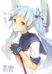 Rule 34 | 10s, 1girl, dress, fingerless gloves, gloves, hair ribbon, headgear, kantai collection, long hair, looking at viewer, murakumo (kancolle), red eyes, ribbon, sailor dress, school uniform, serafuku, short eyebrows, silver hair, simple background, solo, super zombie, translation request, twintails, white background