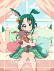 Rule 34 | 0 yoru 6, 1girl, 2023, akimoto komachi, animal ears, bare shoulders, collarbone, couch, cushion, day, dress, framed, green dress, green hair, happy new year, indoors, looking at viewer, new year, off shoulder, precure, rabbit ears, short hair, sitting, stuffed animal, stuffed rabbit, stuffed toy, window, yes! precure 5, yes! precure 5 gogo!