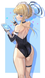 Rule 34 | 1girl, ass, back, black choker, black gloves, black one-piece swimsuit, blonde hair, blue archive, blue background, blue eyes, blue hair, choker, closed mouth, fingerless gloves, from behind, gloves, halo, headset, highres, holding, holding phone, long hair, looking at viewer, maid headdress, obu (da1103ll), one-piece swimsuit, phone, solo, standing, swimsuit, thigh strap, toki (blue archive), two-tone background, v