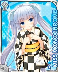 Rule 34 | 1girl, black kimono, blue background, blue eyes, blunt bangs, card, character name, checkered pattern, closed mouth, girlfriend (kari), japanese clothes, kimono, miss monochrome, miss monochrome (character), official art, qp:flapper, smile, solo, tagme, twintails, white hair, white kimono