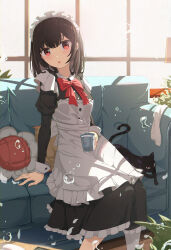 Rule 34 | 1girl, :o, absurdres, asymmetrical legwear, backlighting, black cat, black hair, blush, bow, bowtie, cat, commentary request, couch, cowboy shot, cup, day, expressionless, hano 1219, highres, holding, holding cup, indoors, lamp, long sleeves, maid, maid headdress, medium hair, on couch, original, pillow, plant, potted plant, red bow, red bowtie, red eyes, sitting, solo, straight hair, sunlight, thighhigh removed, thighhighs, water drop, white thighhighs, window