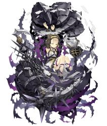 Rule 34 | 1girl, armlet, arms up, blonde hair, bracelet, briar rose (sinoalice), dress, flat chest, frilled dress, frilled hairband, frills, full body, hairband, half-closed eyes, jewelry, ji no, looking at viewer, official art, scythe, sinoalice, solo, spiked anklet, spiked armlet, spiked bracelet, spikes, tattoo, thorns, transparent background, yellow eyes