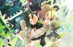 Rule 34 | 1boy, :p, alternate costume, animal ears, aqua eyes, bamboo, bamboo forest, blonde hair, cable, chibi, child, forest, from above, green eyes, headphones, hekicha, instrument, kagamine len, keyboard, keyboard (instrument), male focus, nature, panda, ponytail, shorts, solo, tongue, tongue out, vocaloid, wings