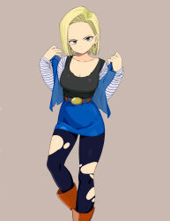 Rule 34 | 1girl, absurdres, android 18, belt, blonde hair, blue eyes, breasts, cleavage, commentary request, denim, dragon ball, dragonball z, earrings, highres, jacket, jewelry, looking at viewer, medium breasts, pantyhose, rokoido12, shirt, short hair, skirt, solo, torn clothes, torn pantyhose