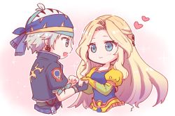 Rule 34 | 1boy, 1girl, amano yoshitaka design, blonde hair, blue eyes, celes chere, chibi, couple, cropped jacket, earrings, final fantasy, final fantasy vi, gloves, grey eyes, grey hair, hair ornament, heart, holding hands, jewelry, locke cole, long hair, long sleeves, multicolored clothes, multicolored headwear, open mouth, pan ff6, puffy sleeves, short hair, short sleeves, upper body, wavy hair