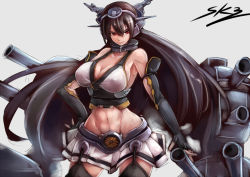 Rule 34 | 10s, 1girl, bare shoulders, black hair, breasts, cannon, cleavage, elbow gloves, fingerless gloves, garter straps, gloves, hand on own hip, headgear, kantai collection, large breasts, long hair, midriff, miniskirt, nagato (kancolle), navel, personification, red eyes, sideboob, skirt, smile, solo, sowel (sk3), thighhighs, toned