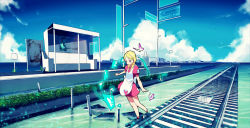 Rule 34 | 1girl, apron, balancing, blonde hair, blush, braid, bug, butterfly, cloud, cloudy sky, day, dress, heart, highres, insect, looking down, original, parted bangs, patch, pink dress, pink eyes, puffy short sleeves, puffy sleeves, railroad tracks, rumo, short sleeves, sky, standing, standing on one leg, train station, twin braids