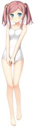 Rule 34 | 1girl, absurdres, bare legs, bare shoulders, barefoot, blue eyes, blush, breasts, chiyoda momoka, collarbone, feet, fingernails, full body, game cg, hair ornament, highres, kantoku, koi suru kanojo no bukiyou na butai, long hair, looking at viewer, one-piece swimsuit, own hands together, pink hair, small breasts, smile, solo, standing, swimsuit, toes, transparent background, twintails, white one-piece swimsuit