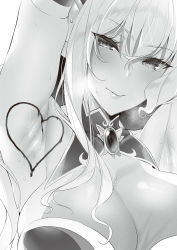 Rule 34 | 1girl, armpits, blush, body writing, breasts, brooch, closed mouth, female focus, glint, greyscale, hair between eyes, hands up, head tilt, heart, highres, hizuki akira, jewelry, large breasts, looking at viewer, monochrome, original, presenting armpit, simple background, smile, solo, sweat, upper body, white background