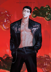 Rule 34 | 1boy, artist name, black hair, black pants, blue eyes, cigarette, copyright name, jacket, jaxx s2, jin cheong-woo, leather, leather jacket, looking to the side, motor vehicle, motorcycle, muscular, muscular male, open clothes, open jacket, pale skin, pants, red background, scar, scar on face, scar on forehead, solo, under the greenlight