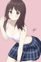 Rule 34 | 7 calpis 7, bare arms, bare shoulders, blue skirt, blush, bow, bow bra, bra, breasts, brown eyes, brown hair, cleavage, closed mouth, collarbone, commentary request, fingernails, hand up, highres, lace, lace-trimmed bra, lace trim, long hair, medium breasts, no shoes, original, pink background, plaid, plaid skirt, pleated skirt, signature, simple background, skirt, solo, underwear, white bra