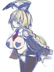 Rule 34 | 1girl, blazblue, blonde hair, blue eyes, breasts, es (xblaze), heart pasties, large breasts, meme attire, pasties, reverse bunnysuit, reverse outfit, solo, white background