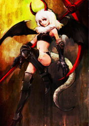 Rule 34 | black thighhighs, boots, crop top, demon girl, gauntlets, hironox, horns, midriff, navel, red eyes, scythe, solo, tail, thigh boots, thighhighs, wings