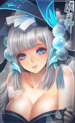 Rule 34 | 1girl, aoandon, beads, blue eyes, blunt bangs, breasts, eyelashes, fingerless gloves, gloves, grey hair, hair beads, hair ornament, highres, japanese clothes, large breasts, lips, long hair, looking at viewer, nail polish, off shoulder, onmyoji, shishi (x67937183), smile, solo, upper body