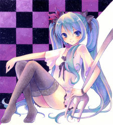 Rule 34 | 1girl, bad id, bad pixiv id, blue eyes, blue hair, dress, fork, hair ribbon, hatsune miku, io3oi, long hair, matching hair/eyes, ousaka nozomi, oversized object, ribbon, smile, solo, thighhighs, twintails, vocaloid, world is mine (vocaloid), zettai ryouiki