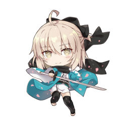 Rule 34 | 1girl, ahoge, black bow, black thighhighs, bow, chibi, fate/grand order, fate (series), full body, gabiran, hair between eyes, hair bow, half updo, holding, holding sword, holding weapon, japanese clothes, katana, kimono, long hair, looking at viewer, lowres, okita souji (fate), okita souji (koha-ace), outstretched arm, short kimono, silver hair, simple background, smile, solo, sword, thighhighs, weapon, white background, white kimono, yellow eyes, zettai ryouiki