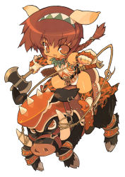 Rule 34 | 1girl, animal ears, armor, armored boots, axe, blade, blade (galaxist), boar, boots, braid, brown eyes, brown hair, elbow gloves, facepaint, fang, fingerless gloves, full body, gloves, hairband, horns, long hair, open mouth, original, riding, short hair, solo, thighhighs, weapon