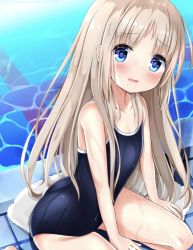 Rule 34 | 1girl, ass, blue eyes, blue one-piece swimsuit, blush, brown hair, highres, kud wafter, kudpoid (71139), little busters!, long hair, looking at viewer, noumi kudryavka, one-piece swimsuit, open mouth, outdoors, pool, poolside, school swimsuit, sitting, solo, swimsuit, thighs, towel