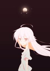 Rule 34 | 1girl, absurdres, ahoge, black background, bruise, bruise on face, flat chest, floating hair, full moon, grey eyes, highres, injury, long hair, looking at viewer, moon, nomura kitan, original, scar, shirt, smile, solo, t-shirt, tearing up, upper body, white hair