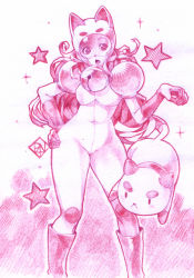 Rule 34 | 1girl, bee (bee and puppycat), bee and puppycat, bell, bodysuit, boots, cat, covered navel, curly hair, hand on own hip, helmet, highres, long hair, open mouth, pink theme, poch4n, puppycat, sketch, star (symbol)