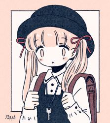 Rule 34 | 1girl, backpack, bag, black hat, blunt bangs, border, bow, collared shirt, hair bow, hat, jewelry, key, key necklace, long hair, long sleeves, necklace, noeru (noellemonade), open mouth, original, pale skin, pink border, pink eyes, pink hair, red bag, red bow, shirt, solo, twintails, upper body