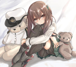 Rule 34 | 1girl, bike shorts, black shorts, black thighhighs, brown eyes, brown hair, commentary request, green skirt, headband, headgear, kantai collection, kasashi (kasasi008), looking at viewer, pleated skirt, shorts, skirt, smile, stuffed animal, stuffed toy, taihou (kancolle), teddy bear, thighhighs