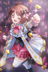 Rule 34 | 1girl, 81 (mellowry), ;d, antenna hair, blurry, blurry background, blush, boots, bow, bowtie, brown hair, clenched hands, foreshortening, glowstick, hidaka ai, highres, idol, idolmaster, idolmaster dearly stars, knee boots, looking at viewer, one eye closed, open mouth, pink bow, pink bowtie, pink skirt, short hair, skirt, smile, solo, standing, standing on one leg, thighhighs, white thighhighs, wrist cuffs