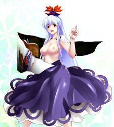 Rule 34 | 1girl, blue hair, book, breasts, female focus, hat, k2isu, kamishirasawa keine, large breasts, long hair, nipples, open book, open mouth, pointing, red eyes, revealing layer, solo, standing, touhou, very long hair