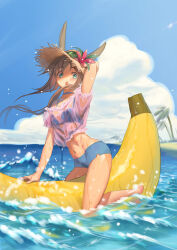 Rule 34 | 1girl, :o, alternate costume, amiya (arknights), animal ears, aqua eyes, arknights, arm behind head, banana boat, beach, bikini, blue bikini, blue sky, breasts, brown hair, cloud, cloudy sky, day, hand above head, handstand, hat, highres, long hair, medium breasts, no nose, ocean, one arm handstand, open mouth, palm tree, shirt, shorts, sky, straw hat, swimsuit, tree, water, wet, wet clothes, wet shirt