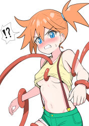 !? 1girl blue_eyes blush breasts clenched_teeth clothes_lift commentary_request creatures_(company) game_freak green_shorts hair_between_eyes misty_(pokemon) navel nintendo ocha_no orange_hair pokemon pokemon_(anime) pokemon_(classic_anime) shirt shirt_lift shorts side_ponytail simple_background spoken_interrobang suspenders teeth tentacles underboob white_background yellow_shirt