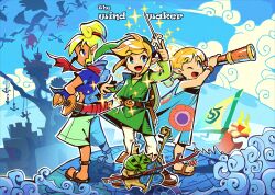 Rule 34 | 9twoeight, :d, ;d, absurdres, aryll, blonde hair, blue dress, boat, copyright name, day, dress, full body, globe, green headwear, green tunic, highres, holding, holding telescope, instrument, kargarok, link, makar, moblin, nintendo, one eye closed, open mouth, outdoors, sailboat, sandals, shield, shield on back, smile, standing, sword, telescope, tetra, the king of red lions, the legend of zelda, the legend of zelda: the wind waker, violin, watercraft, weapon, weapon on back, wind waker (object)
