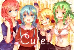 Rule 34 | 4girls, arm up, bad id, bad pixiv id, blonde hair, blue eyes, blue hair, blush, braid, breasts, cleavage, front-tie top, green eyes, green hair, gumi, hatsune miku, kagamine rin, megurine luka, midriff, minaco, multiple girls, one eye closed, open mouth, ponytail, red hair, shirt, smile, striped, tied shirt, v, vocaloid, wink