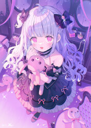 Rule 34 | 1girl, @ @, ahoge, bare shoulders, bed, bedroom, black bow, black collar, black dress, blunt bangs, blush, bottle, bow, broken mirror, collar, commentary request, detached collar, detached sleeves, dress, flask, from above, full body, hair bow, highres, holding, holding stuffed toy, ikari (aor3507), jewelry, long hair, looking at viewer, mirror, multiple hair bows, necklace, open mouth, original, pearl necklace, perfume bottle, pink bow, ribbon-trimmed dress, solo, sparkle, standing, strap, stuffed animal, stuffed rabbit, stuffed toy, sweat, two side up, white hair